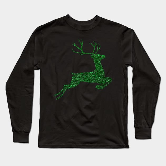 Dark Green Faux Glitter Reindeer Long Sleeve T-Shirt by Felicity-K